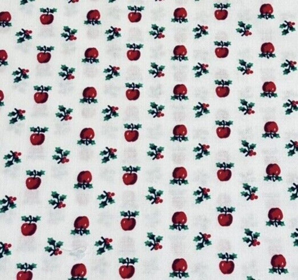 Apples Holly & Ivy Print Christmas Vintage Christmas Fabric White 27" x43"